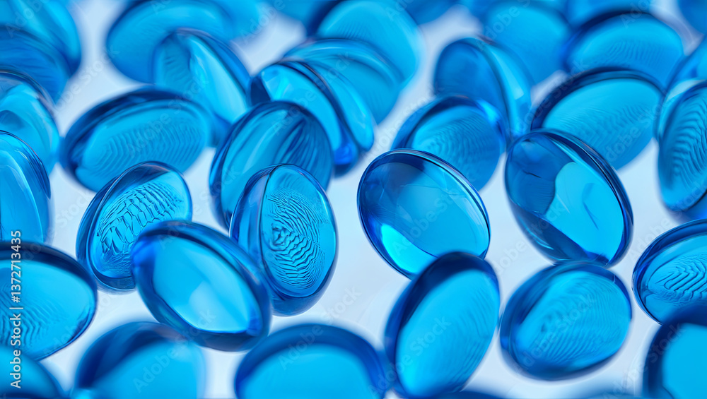 Poster multiple blue gel capsules are scattered across a light surface, showcasing their smooth texture and