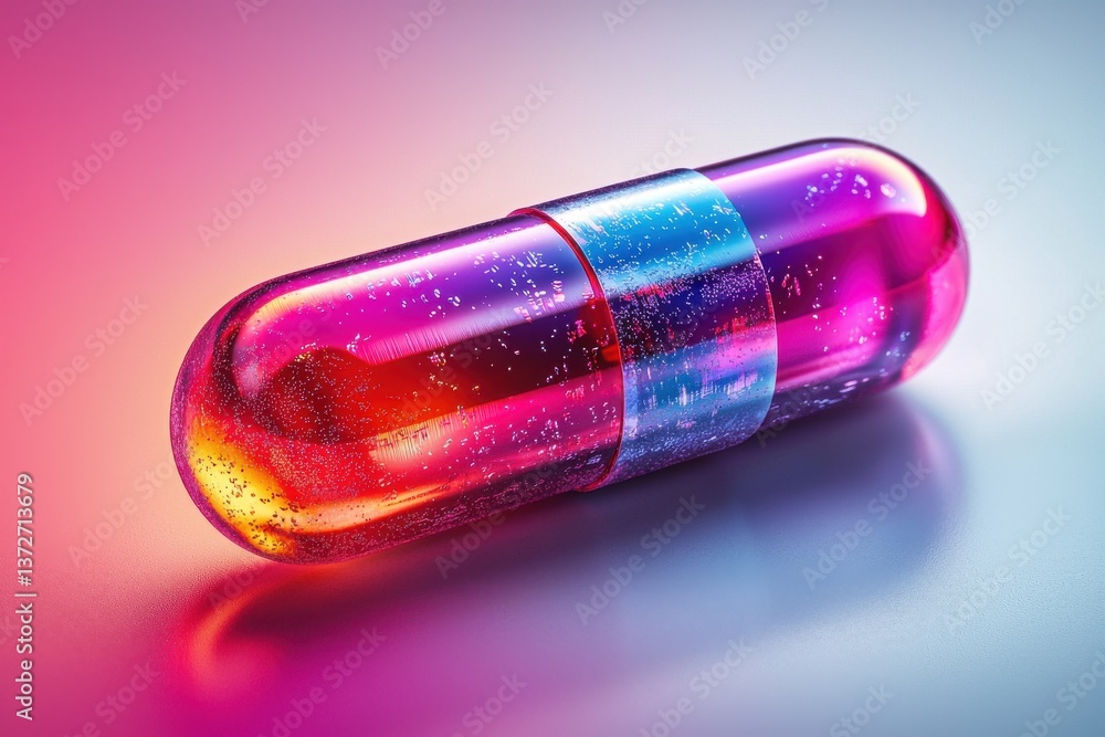 Poster a colorful futuristic capsule with a transparent design, displaying internal elements and vibrant li
