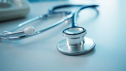 A stethoscope lies on a smooth surface in a healthcare environment, reflecting soft light. The scene conveys a sense of calm and professionalism typical of medical spaces