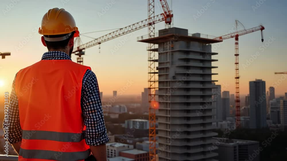 Poster construction worker observing city skyline at sunset with crane and building structures in backgroun
