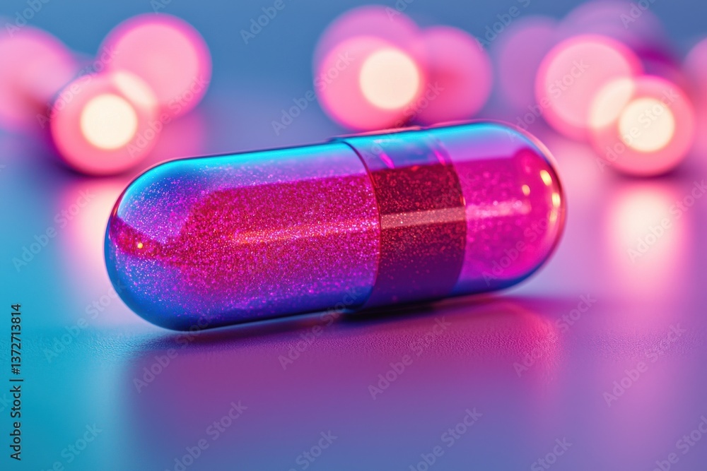 Poster a close-up of a blue and pink capsule with sparkling texture and glowing bokeh, representing modern 