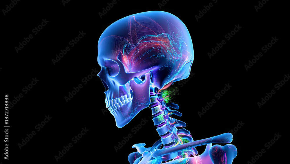 Poster a detailed representation of human skeleton anatomy is displayed, focusing on the profile of the sku