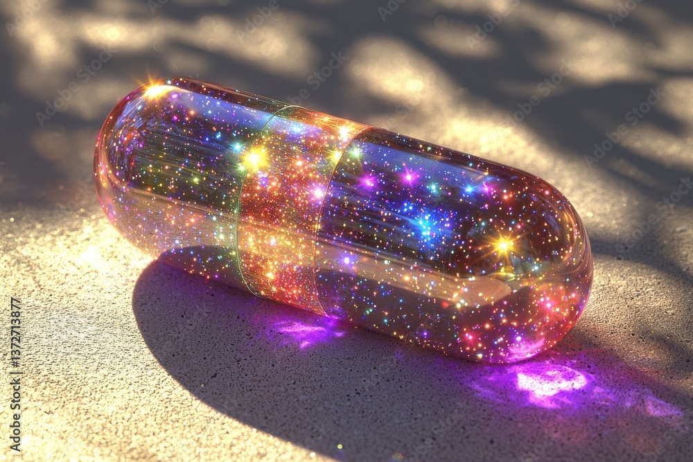 Aufkleber a mesmerizing macro shot of a capsule pill filled with colorful stars and galaxies, creating a cosmi