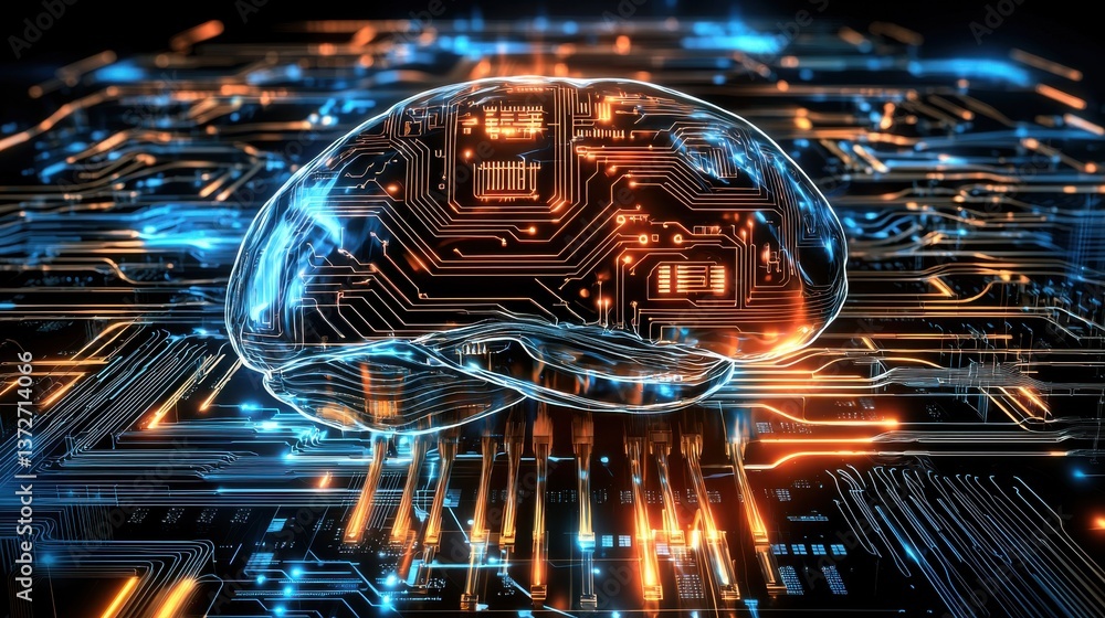 Poster a futuristic glass sphere floating above a complex glowing technological circuit board background re