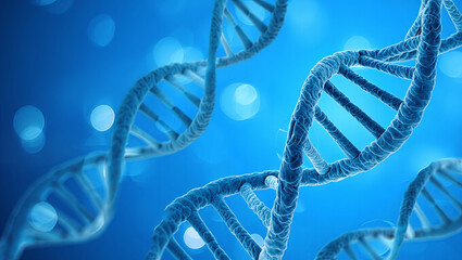 Intricate DNA strands spiral elegantly against a bright blue backdrop. The image captures the molecular complexity that underlies genetic information