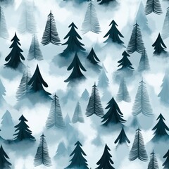 Fototapeta premium Seamless Pattern of Stylized Pine Trees in Misty Winter Forest.