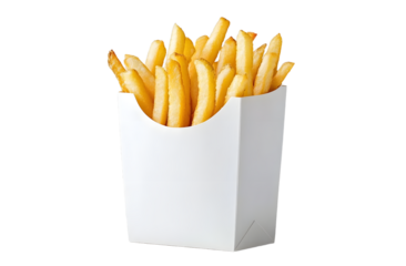 Golden french fries in white paper bag on white table. Takeaway fast food snack. Fried potatoes in a paper container, simple studio shot, minimalist design, greasy junk food.