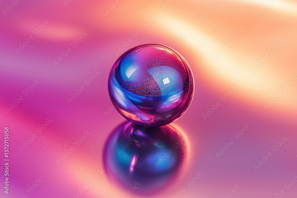 Poster a mesmerizing close-up of a vibrant glass sphere reflecting colorful gradients and light, creating a