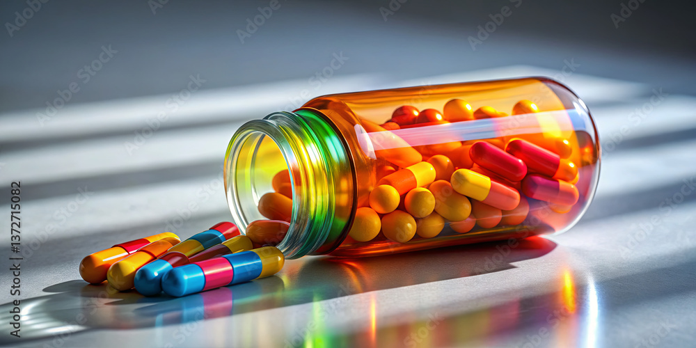 Poster a glass bottle lies on its side, revealing a bright array of pills in various shapes and colors. sha