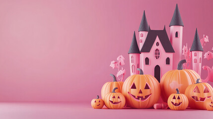 Happy Halloween, Halloween theme banner with group of Jack O Lantern pumpkin and paper graphic style of castle on background,Generative ai