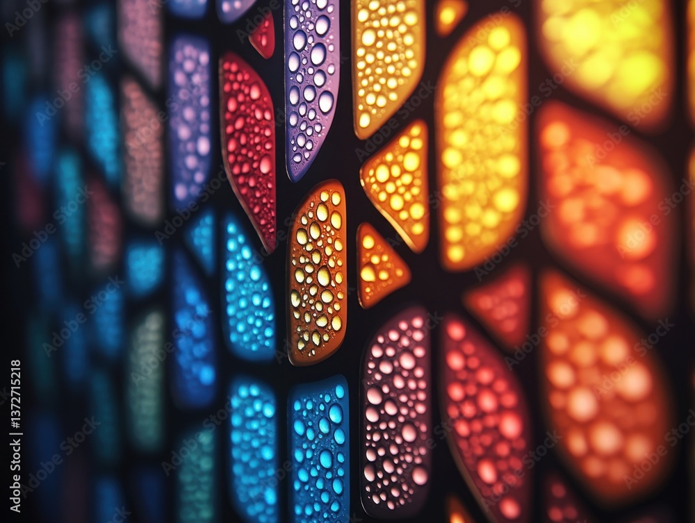 Poster colorful mosaic pattern with water droplets creating a vibrant and abstract design on a dark backgro