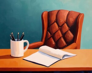Acrylic painting of a financial planners desk with tools abstractly represented