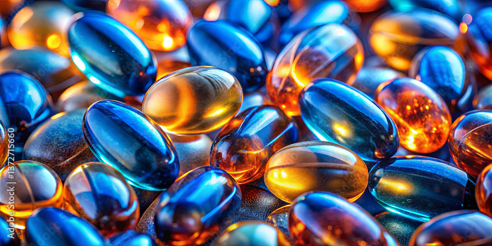 Poster a multitude of blue and orange capsules are arranged on a flat surface, glimmering under natural lig