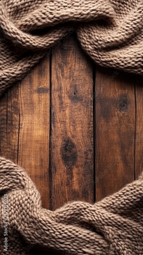 Poster rustic charm of wooden planks embraced by a cozy knitted scarf creating a warm inviting texture and 