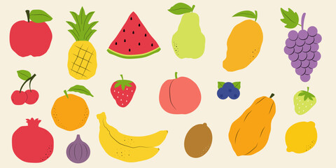 Fruit collection in flat hand drawn style. Vector fruits icon set isolated on white background	
