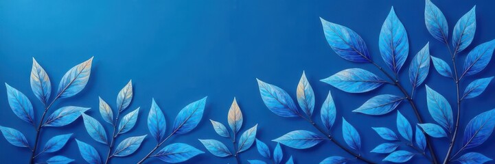 Fototapeta premium Minimalist blue line art leaves & branches, organic shapes Abstract botanical background , background, stylish