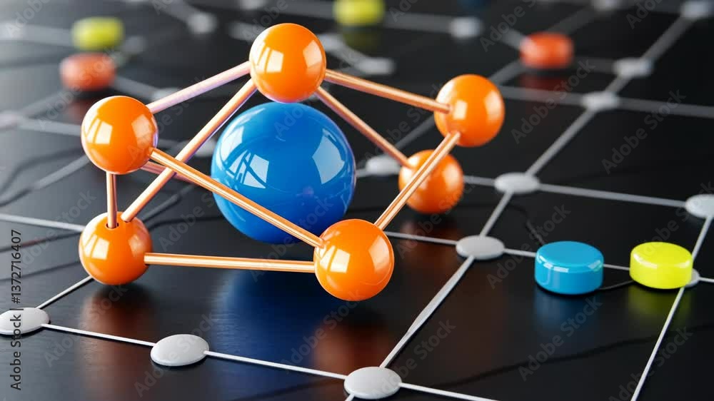 Poster colorful 3d molecular structure displayed on a black grid with highlighted connections and atoms dur