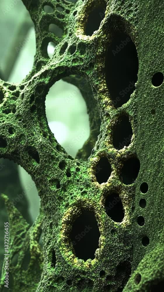 Poster intricate green textures and patterns found on a decaying tree trunk in a dense forest during a mist