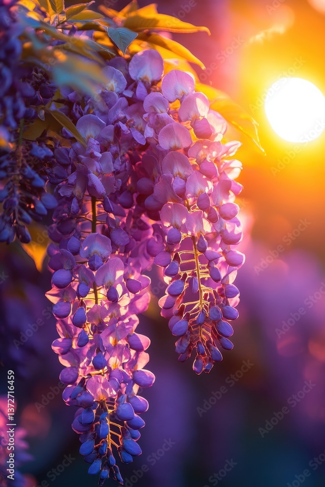 Aufkleber Enchanting Wisteria Blooms Bathed in Golden Sunlight Creating a Dreamy and Serene Atmosphere with a Soft Bokeh Background and Elegant Composition