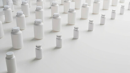 Obraz premium A variety of white medicine bottles of different sizes are systematically arranged on a bright surface. The setting conveys a sense of order and cleanliness, highlighting the pharmaceutical theme
