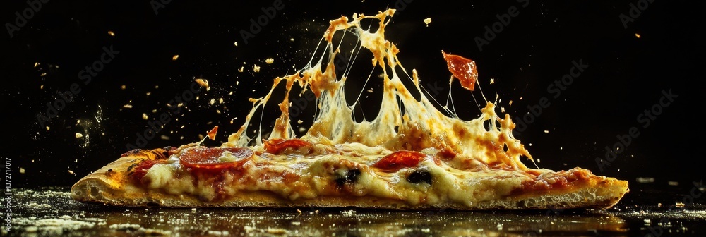 Poster Mouthwatering pizza slice with gooey cheese and vibrant toppings set against a dynamic backdrop in high-speed capture
