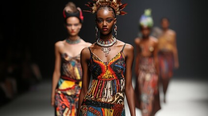 Obraz premium Models walk a runway wearing colorful patterned dresses and elaborate