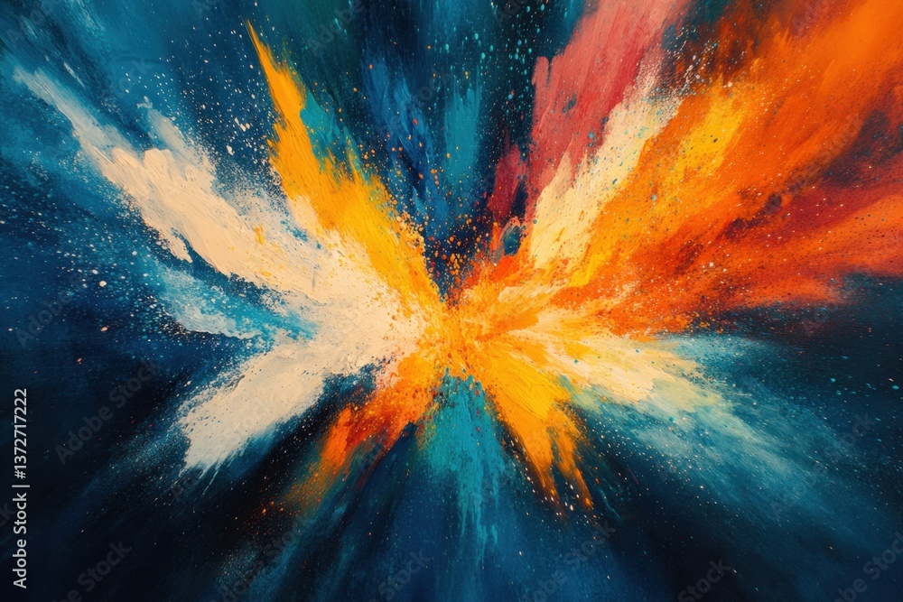 Poster vivid explosion of colors in abstract painting style with dynamic brushstrokes on dark blue backgrou