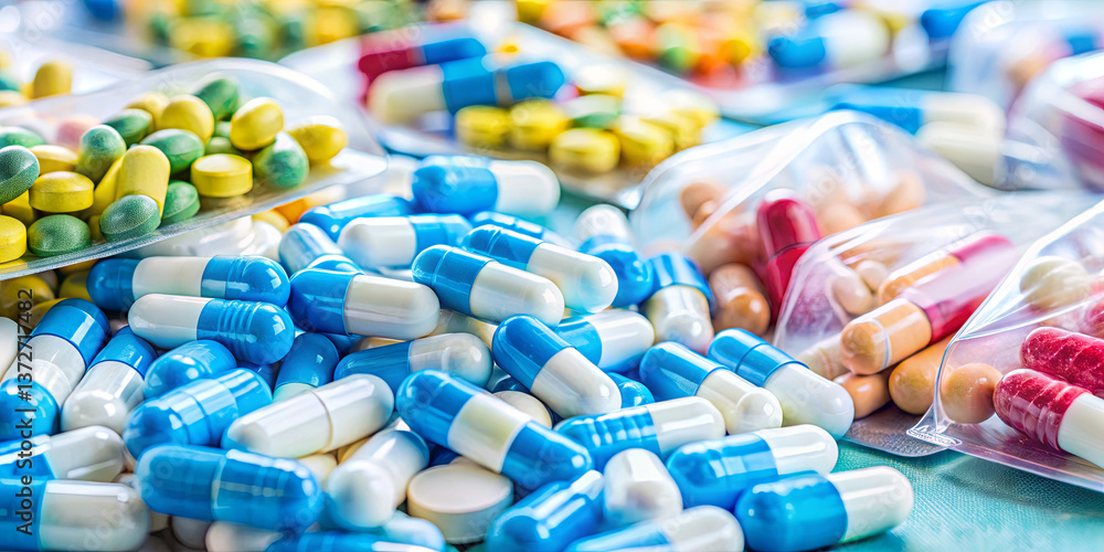 Poster various types of colorful capsules and tablets are spread across a table in a pharmacy setting