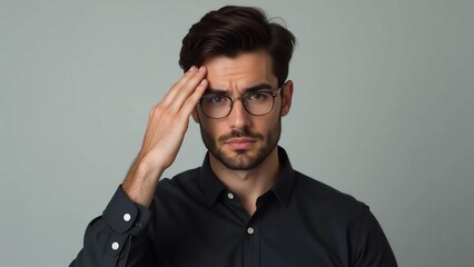 Fototapeta premium Confused Young Man in Glasses Scratching Head, Searching for a Solution