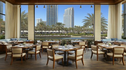 Upscale dining room with city & palm tree views. Tables set for guests