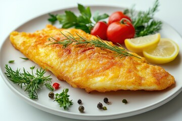 Delicious golden fried fish fillet served with fresh tomatoes lemon and herbs on a white plate culinary delight food photography
