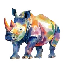 Obraz premium Colorful Watercolor Illustration of a Rhinoceros with Vibrant Patterns and Playful Characteristics