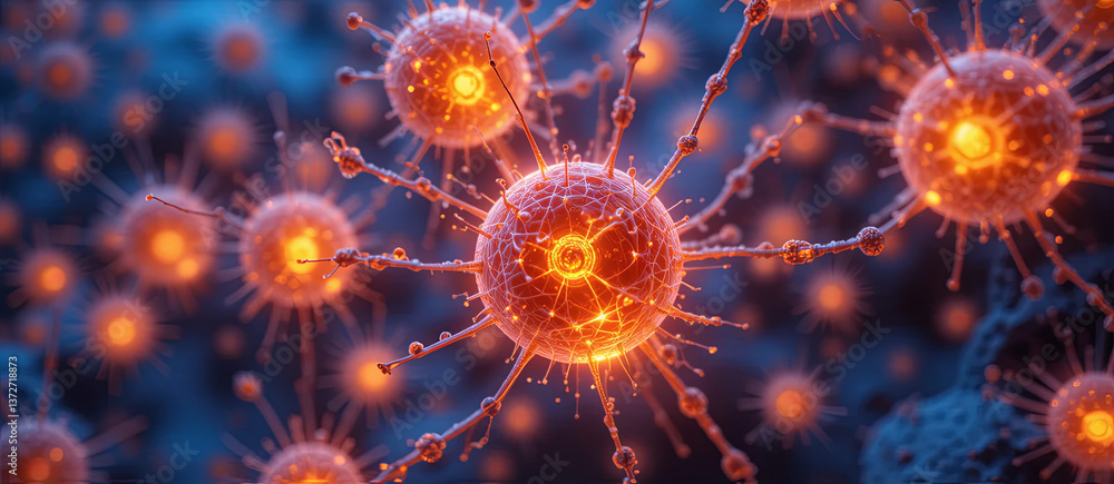 Poster glowing cells display complex structures under a microscope, with vivid orange lights illuminating t