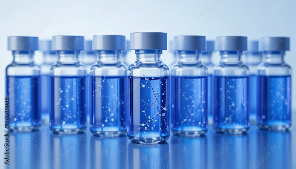 Poster a series of transparent glass vials filled with blue liquid containing twinkling particles are arran