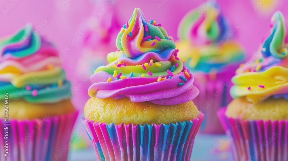 Aufkleber delicious collection of colorful cupcakes with neon icing and rainbow sprinkles in a vibrant bakery 