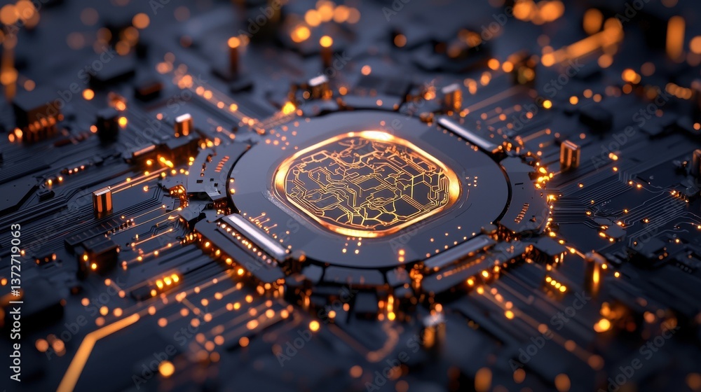 Poster futuristic circuit board with intricate glowing connections and electronic components in a cyberpunk