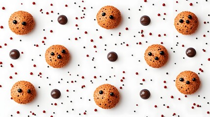 Obraz premium Colorful Round Cookies with Chocolate Chips and Sprinkles Scattered on a White Surface