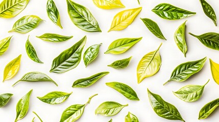 Diverse Arrangement of Green and Yellow Leaves on a White Background Creating a Natural Pattern