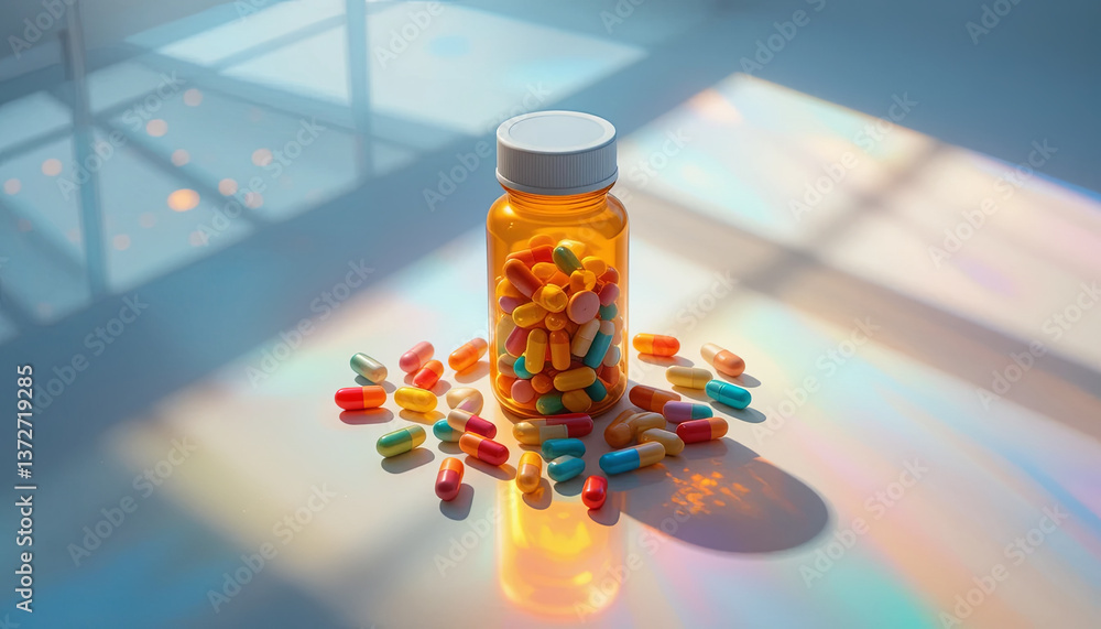 Poster bright natural light streams through a window, illuminating a bottle filled with colorful capsules. 