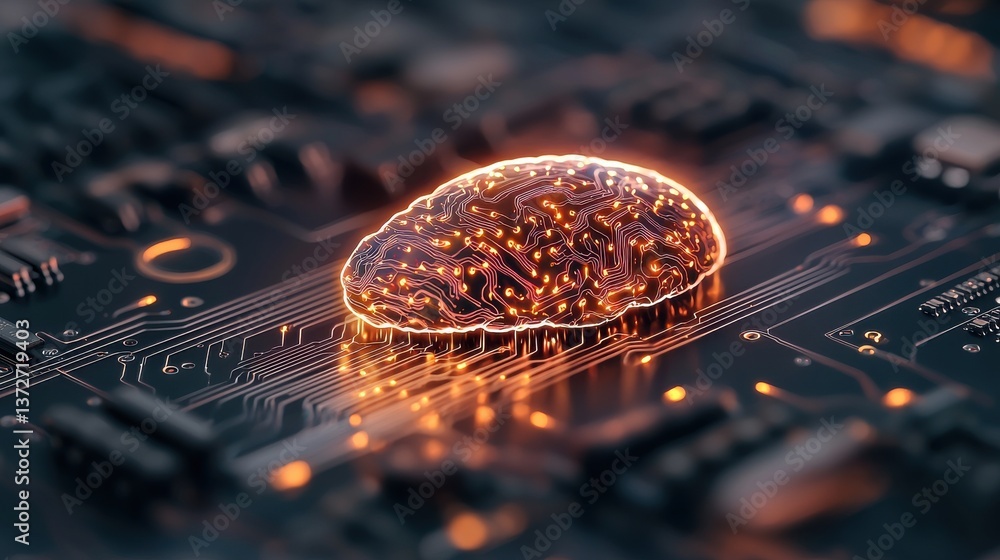 Poster glowing brain on a detailed computer motherboard or circuit board in a cutting edge technology conce