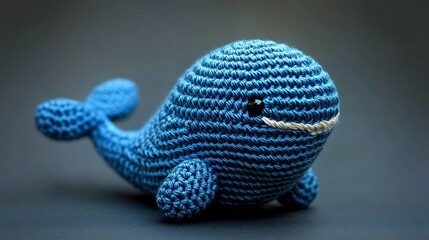 A handcrafted crocheted blue whale toy sitting on a dark surface