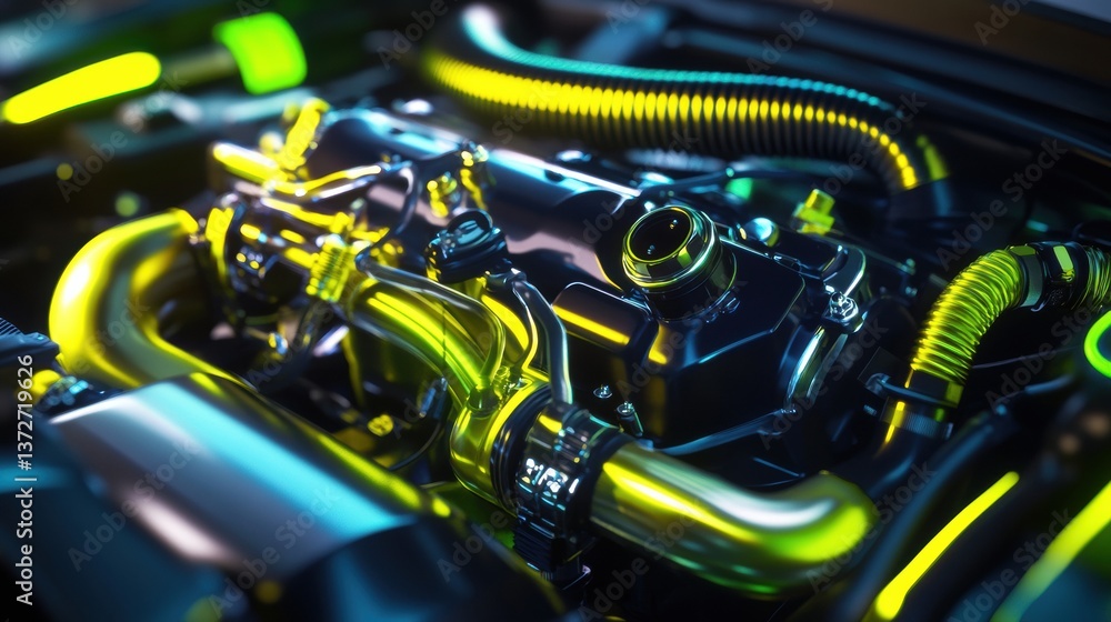 Poster detailed view of car engine displaying vibrant neon pipes and gasoline flow with striking yellow and