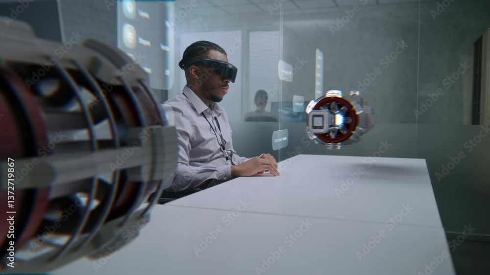 Fototapete african american engineer uses augmented reality headset to visualize 3d holographic model of renewa