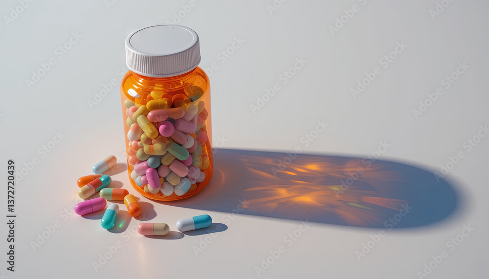 Poster a clear plastic bottle filled with brightly colored capsules sits on a smooth surface. several capsu