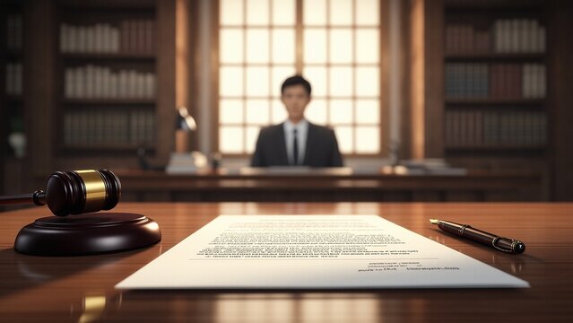 Wooden gavel rests near legal document in court office setting against law background