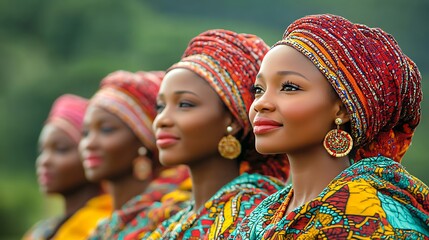 Beautiful women wearing colorful traditional head wraps in a row