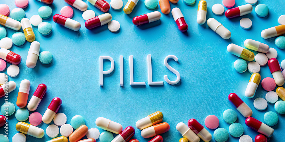 Poster various pills and capsules are spread out on a blue surface with the word pills displayed prominentl