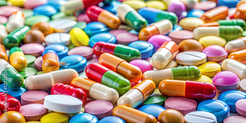 Poster an array of colorful pills and capsules is laid out on a surface, creating a vibrant and eye-catchin