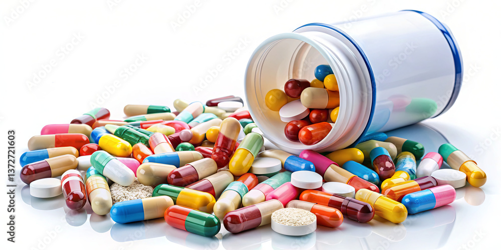 Poster a collection of colorful capsules and tablets is spilled from a container, showcasing a variety of s
