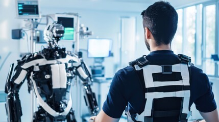 A roboticist designing AI powered exoskeletons for rehabilitation, high-tech rehabilitation center with live patient recovery data, High-tech style